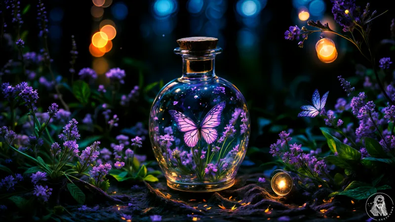 Glass bottle Morpho butterfly, Desktop background 4K, Purple aesthetic, Illumination, Bokeh Background, Night, Lavender, Dreamlike, Girly backgrounds