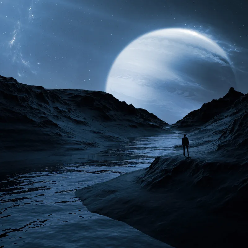 Man Dreamscape, 5K background, Planet, River, Silhouette, Dreamlike, Digital composition