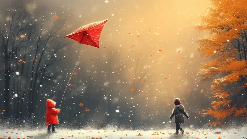 Kids flying a red kite wallpaper, Snowfall, Autumn trees