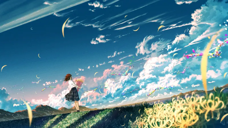 Anime girl, Dreamscape, 5K wallpaper, Dreamlike, Morning breeze, Flower bouquet