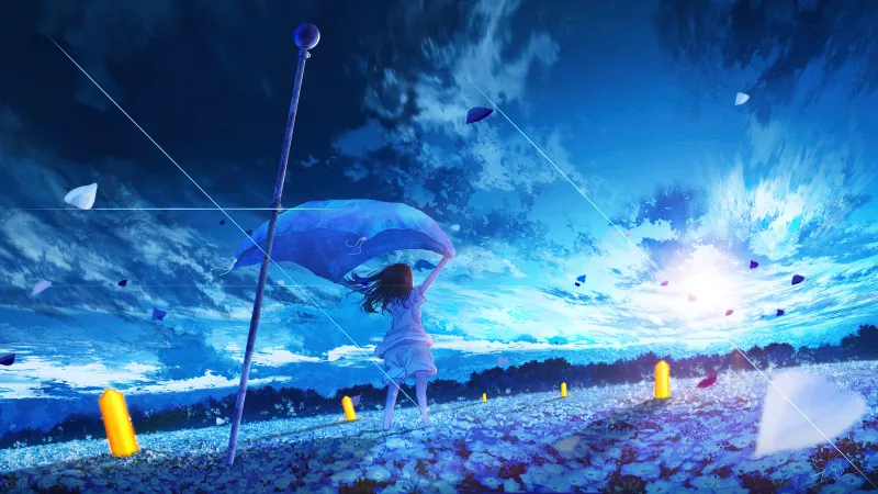 Morning breeze scenery, Blue aesthetic, Anime girl wallpaper