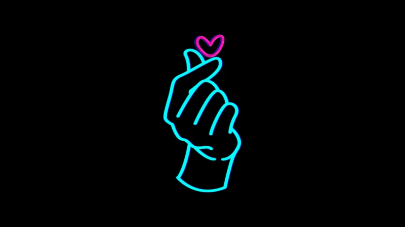 Neon Finger heart, Korean love sign, Black background 5K