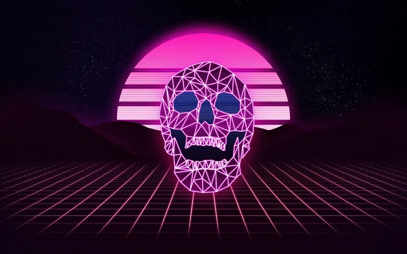 Skull, Synthwave wallpaper 4K