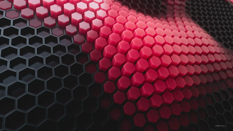 Hexagons, Patterns, Red background, Red blocks, Black blocks, 3D background, Geometric