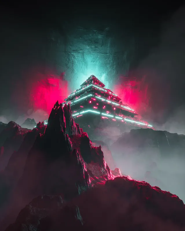 Alien, Pyramid Structure, Neon background, Mountains, 5K wallpaper