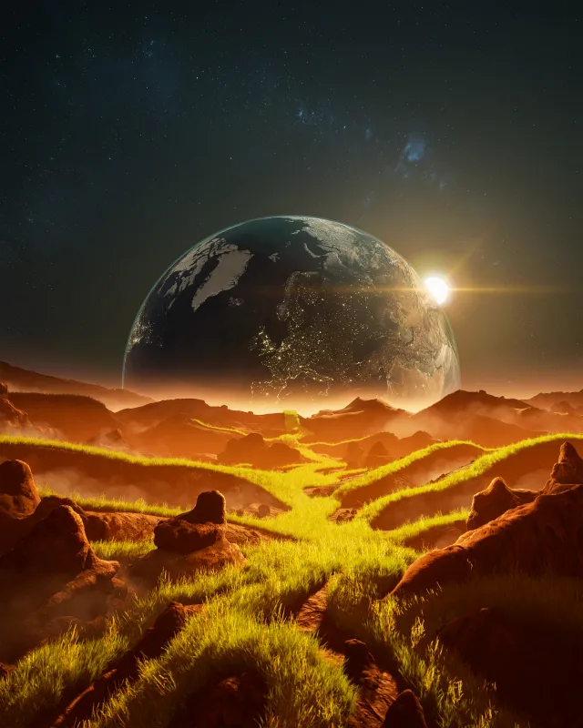 Earth rising over golden hills, Surreal, 4K wallpaper