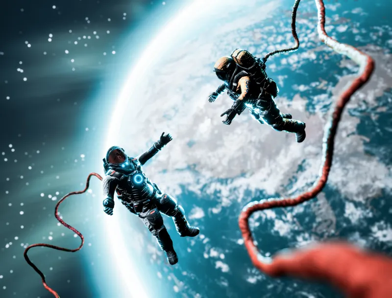 Floating astronauts above Earth wallpaper, Space walk, Teal glow