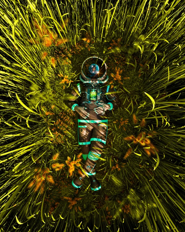 Cyborg astronaut in grass, Neon green suit, 4K wallpaper