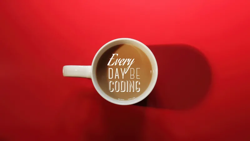 Everyday Coding, Desktop background 4K, Coffee cup, Red background, Coder
