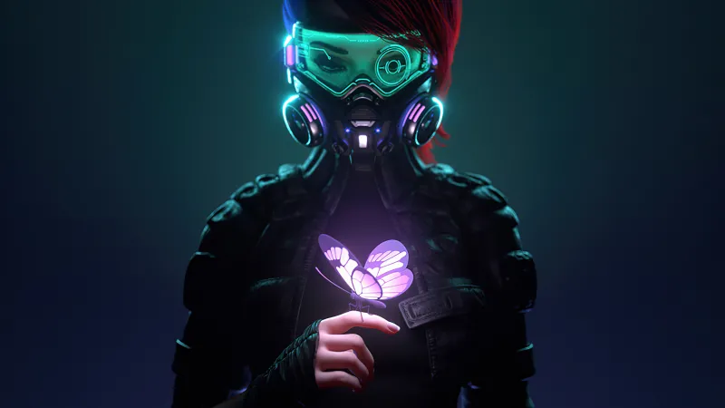 Gas mask girl wallpaper, Neon butterfly, Cyberpunk