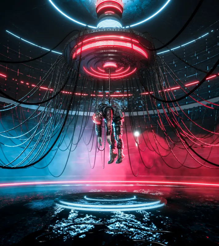 Neon astronaut wallpaper, Sci-fi chamber, Red and blue lights