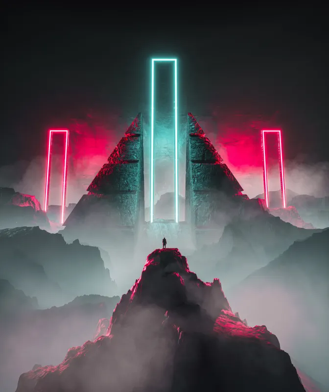 Neon portal on a pyramid, Misty mountains, Sci-fi, 5K wallpaper