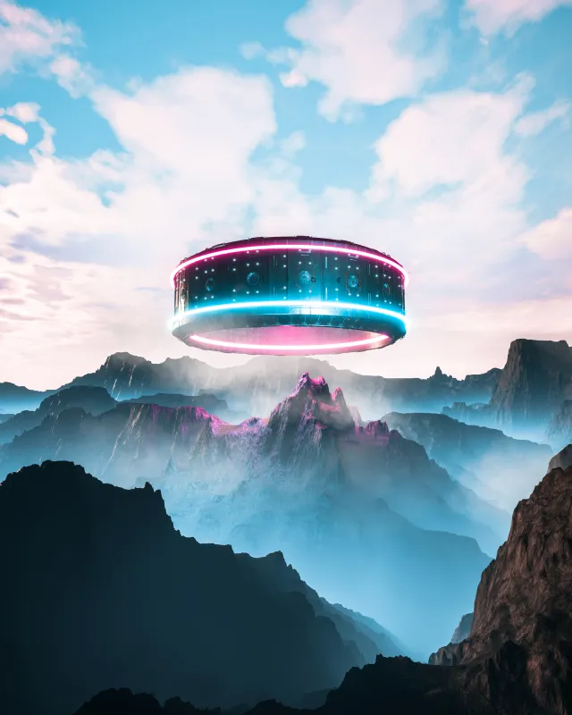 Futuristic UFO, Digital Art, Mountain range, 5K wallpaper, Spaceship