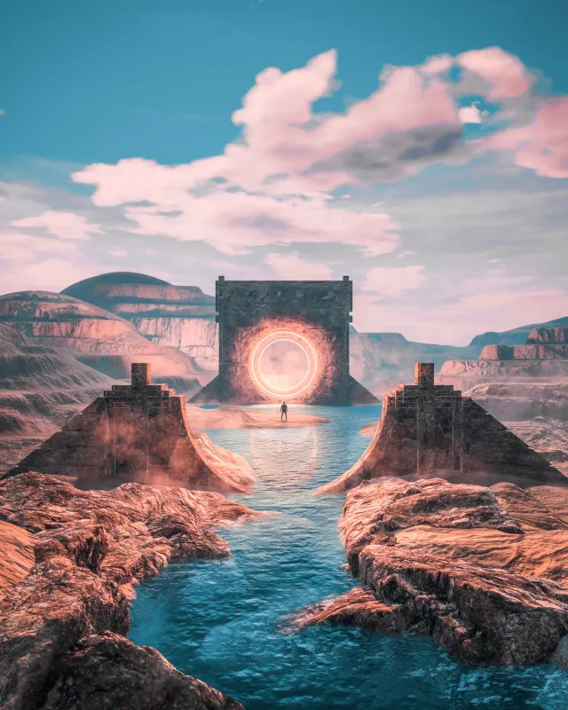 Glowing portal gate wallpaper, Canyon river, Surreal