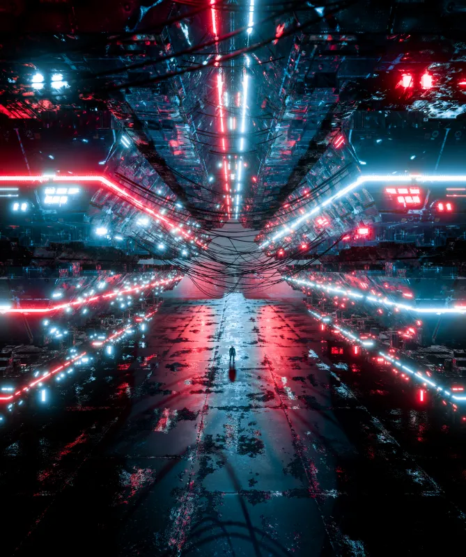 Sci-fi corridor wallpaper, Red neon lights, Lone figure