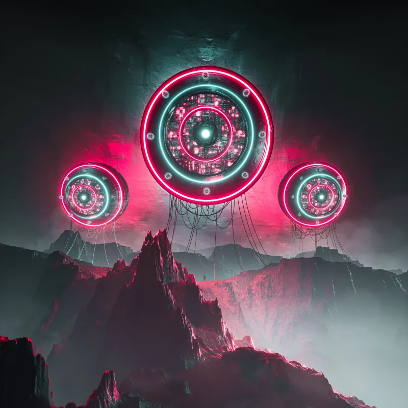 Alien spaceships over mountains, Pink neon, Sci-fi, 5K wallpaper