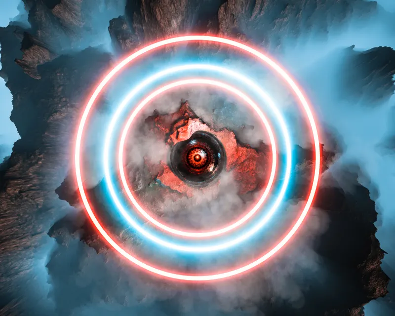 Neon rings over a crater eye wallpaper, Aerial view, Sci-fi