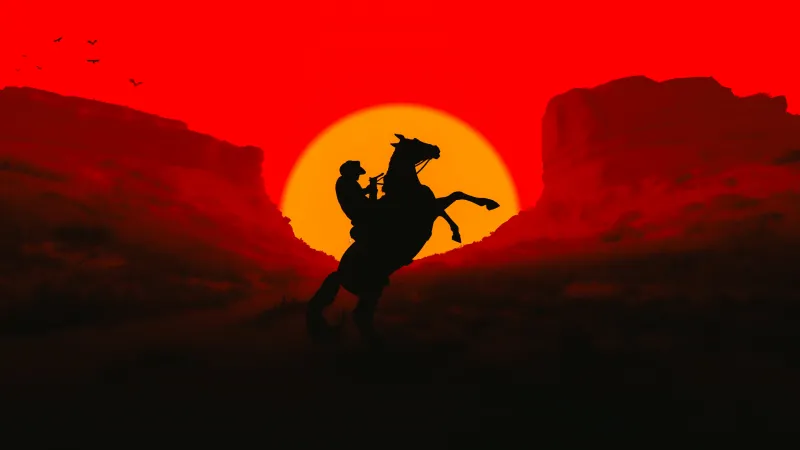 Western cowboy, Silhouette, Sunset, Red Dead Redemption, Desktop wallpaper 4K