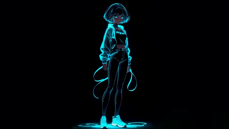 Neon anime girl wallpaper, Cyan glow, Black background, AMOLED