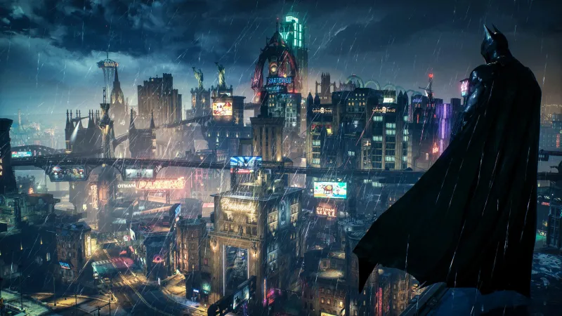 Batman wallpaper, Batman: Arkham Knight, Gotham City, Rainy night