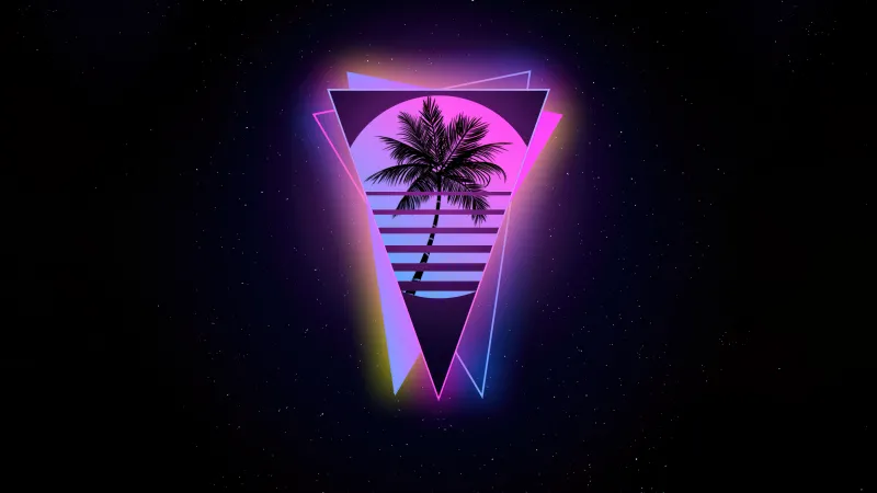 Miami, Outrun 4K wallpaper, Palm tree, AMOLED, Black background, Neon glow, Geometric, Triangles