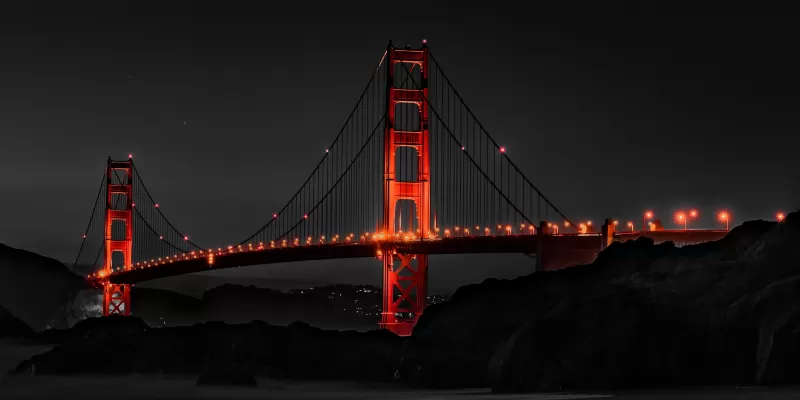 Golden Gate Bridge, Night, Monochrome, Dark background, Illuminated, San Francisco