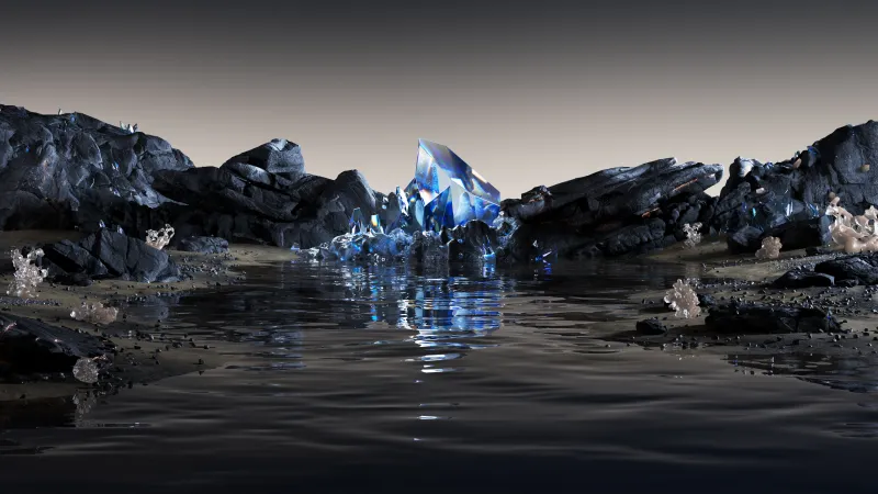 Blue crystal on dark shore, Surreal lake, 4K wallpaper