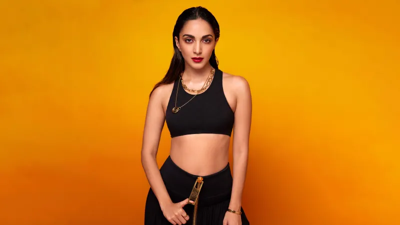 Kiara Advani, Orange background, Black dress, 5K wallpaper, Indian actress