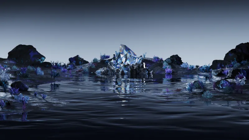 Midnight blue crystal shore, Surreal landscape, Water, 4K wallpaper