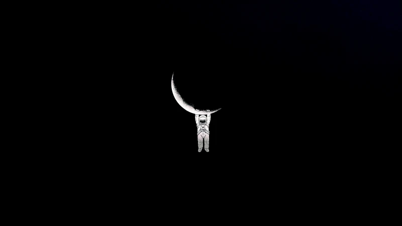 Astronaut, Hanging, Crescent Moon, Night, Black background, AMOLED wallpaper 4K