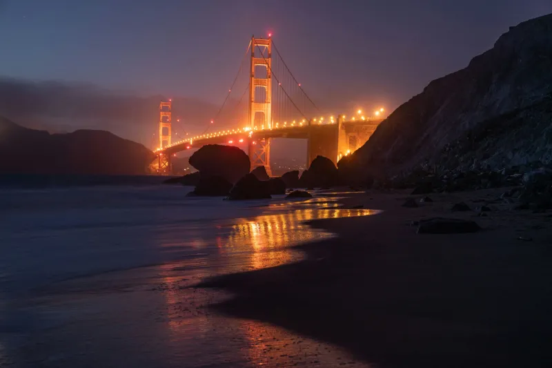 Golden Gate Bridge, Illuminated, Night, Reflection, Baker Beach, San Francisco, California, 5K, 8K wallpaper