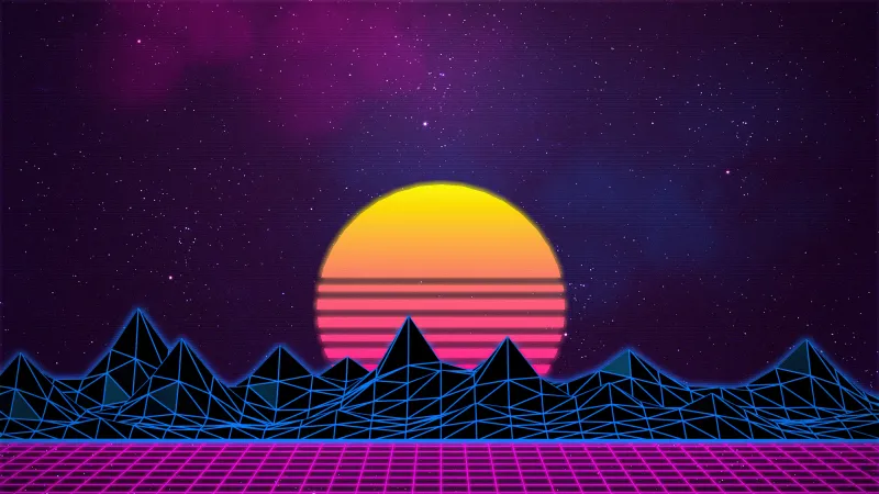 Retrowave 4K wallpaper, Sunset, Outrun, Grid lines, Neon