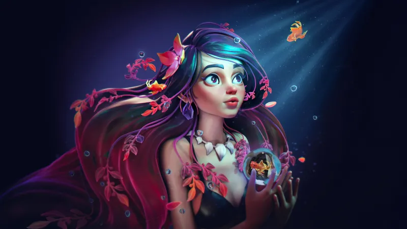 Mermaid with goldfish, Fantasy art, Underwater, 5K wallpaper