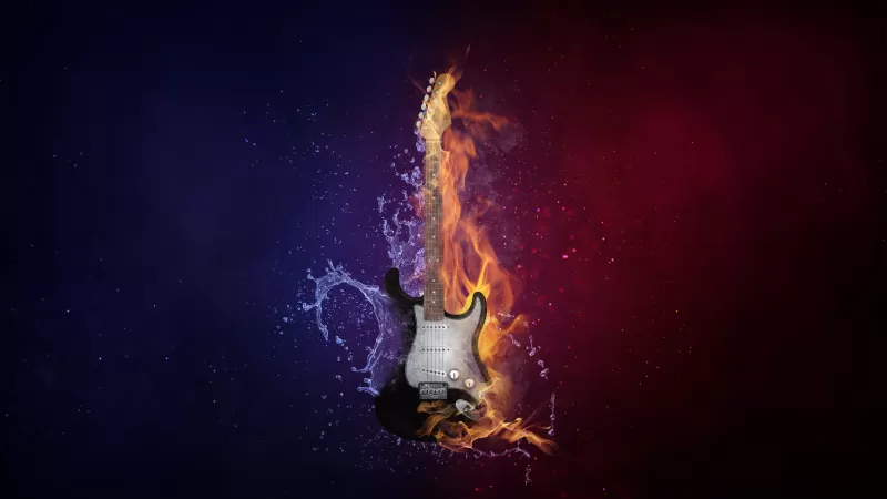 Electric Guitar, Instrument, Dark background, Fire, Water, Purple, Violet, 5K