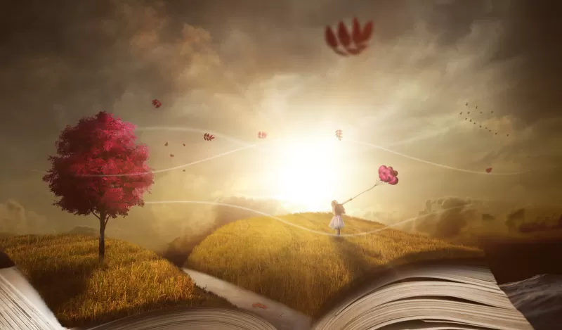 Book, Purple Tree, Autumn, Girl, Dream World, Sunlight, 5K