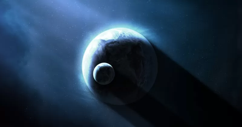 Blue planet, Moon shadow, Outer space, 4K wallpaper