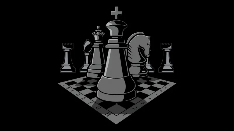 Chess pieces, AMOLED wallpaper 5K, King, Queen, Rook, Bishop, Knight, Pawn, Black background