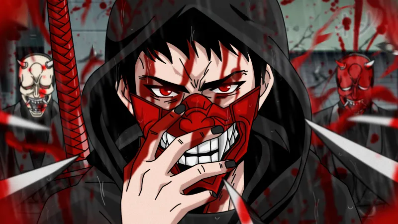 Ninja, Mask, Ninja Kamui, Oni mask wallpaper, Dark anime, 5K wallpaper