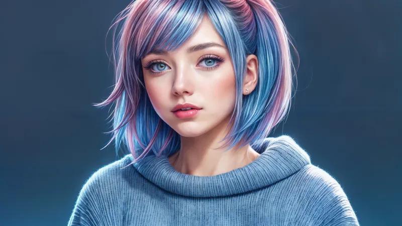 Blue-haired girl, Cozy sweater, AI art, 4K wallpaper