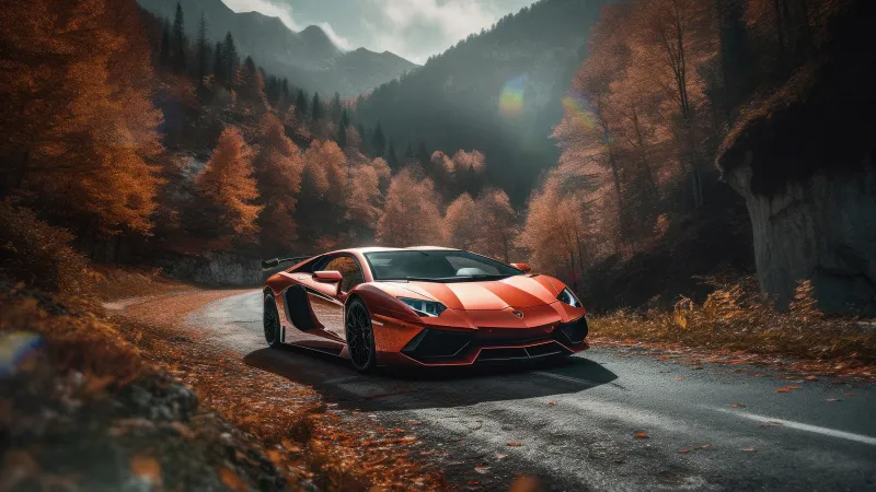 Lamborghini Aventador, Autumn background, Roadway, Orange aesthetic, 5K wallpaper, Autumn Scenery, AI art