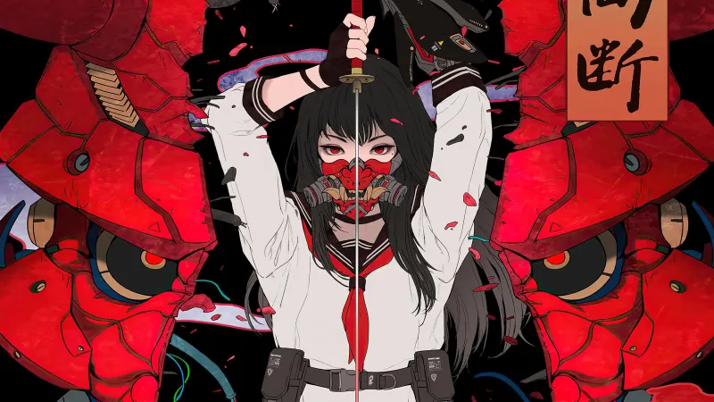 Katana girl wallpaper, Anime girl, Oni mask, Red mecha, Japanese art