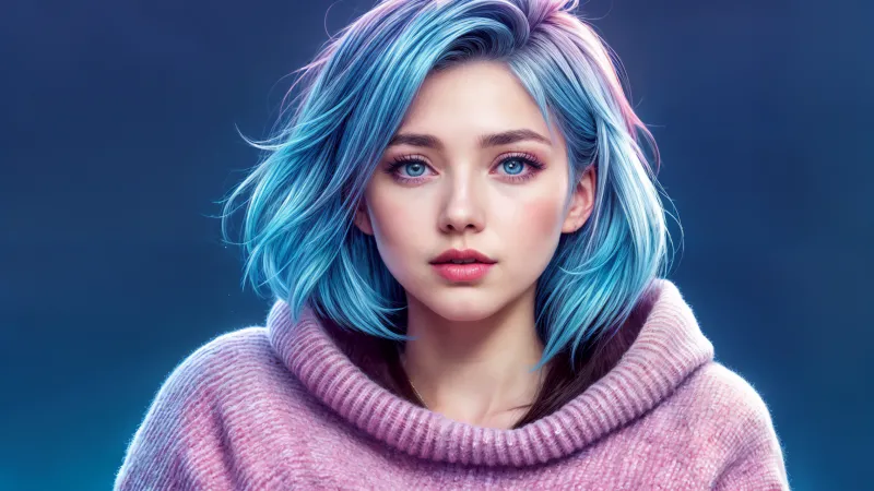 Blue-haired girl in pink sweater, AI art, 4K wallpaper