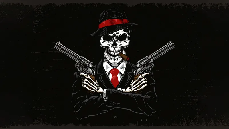 Skull, Mafia, Gangster, Black background, 5K wallpaper
