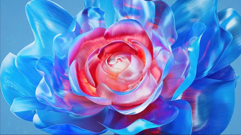 Blue glass rose, Red petals, Digital flower, 5K wallpaper