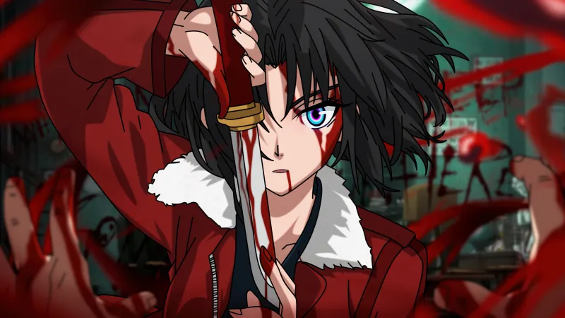 Shiki Ryougi, Kara no Kyoukai, Katana girl, Red aesthetic, Anime girl wallpaper, 5K wallpaper