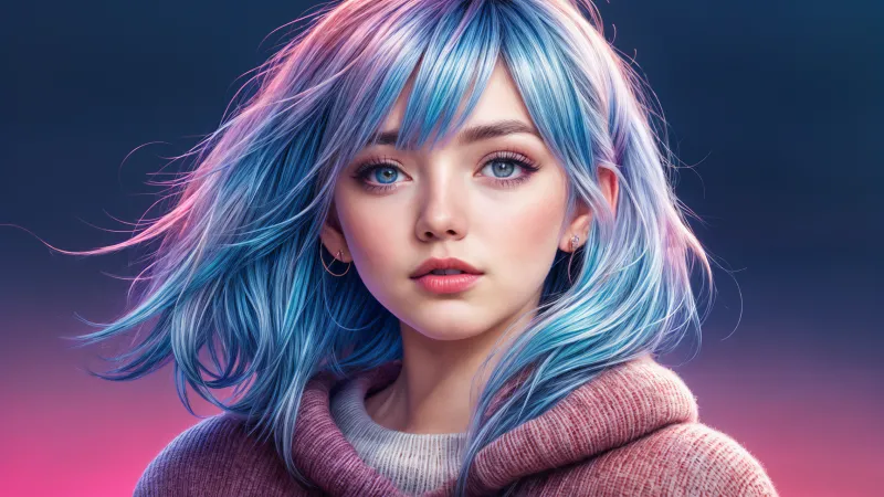 Blue-haired girl wallpaper, Pink sweater, AI art
