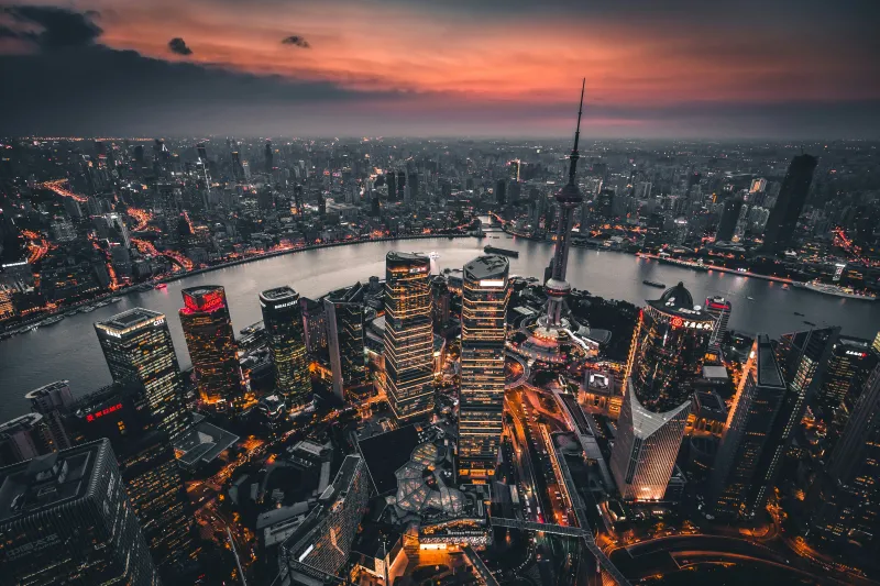 Shanghai skyline from above, Huangpu River, Night city, 4K wallpaper