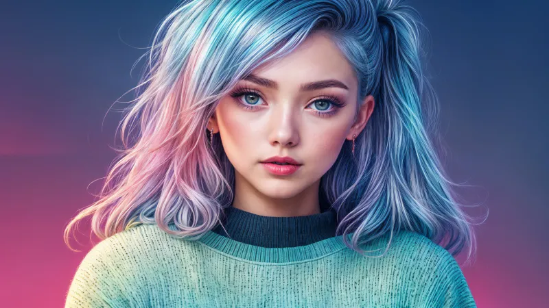 Pastel-haired girl wallpaper, Teal sweater, AI art