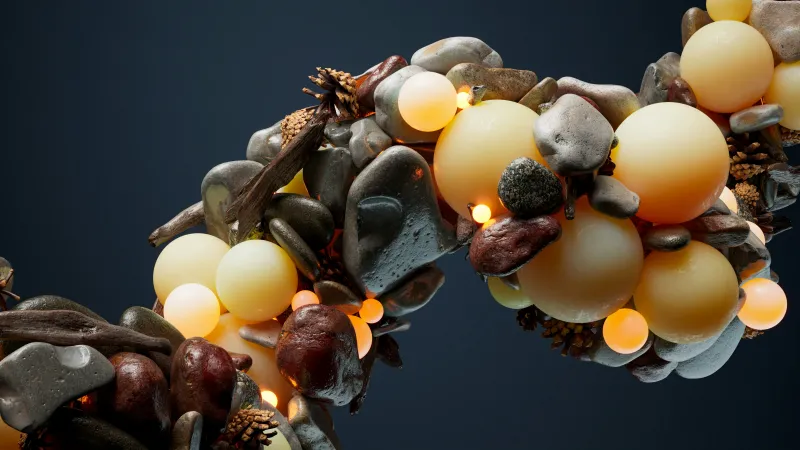 Pebble and orb wreath wallpaper, 3D art, Dark blue