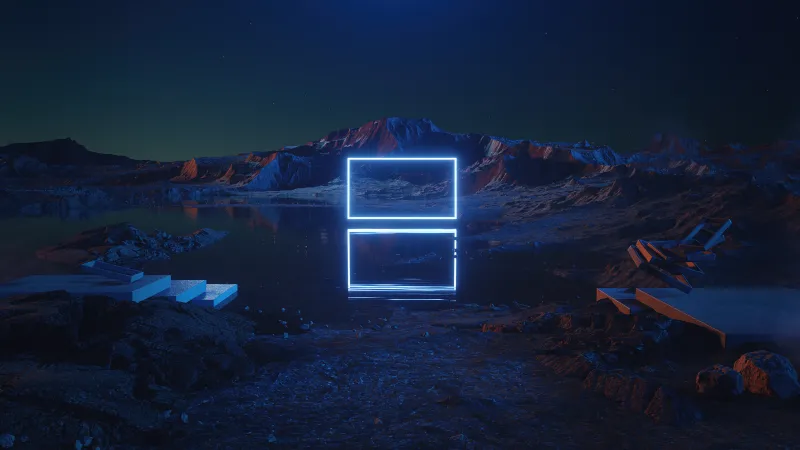 Rectangle Neon light, Landscape wallpaper, Geometric, Reflection, Dark aesthetic, Night time, Body of Water, Rock formations